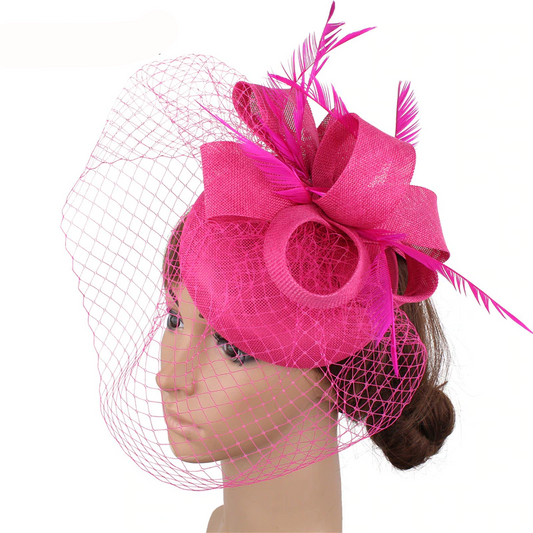 Hot Pink Mesh Headpiece Hair Clip Wedding Headwear Cocktail Fascinator Hat For Women