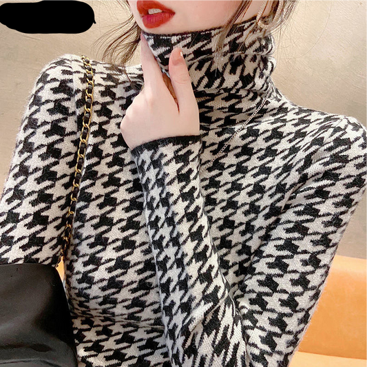 Houndstooth T-shirts Women Turtleneck Autumn Vintage Design Ladies Popular Soft Leisure Chic Top