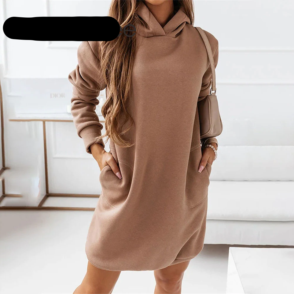 Vintage Pockets Loose Hooded Sweatshirt Long Sleeve Dress