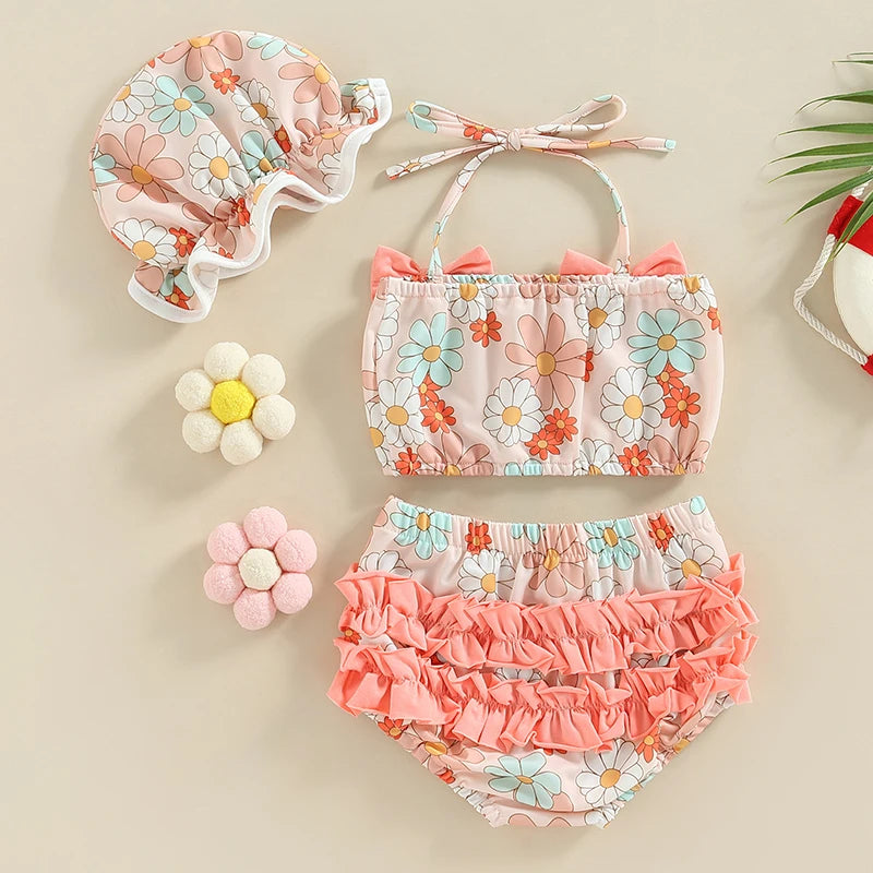 Baby Girls Three Piece Swimsuits Floral Print Halter with Cap