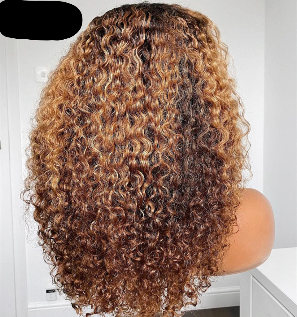 Highlight Blonde Jerry Curly Human Hair Wig with Bangs Glueless Full Machine Made Brazilian Curly Colored Wig for Women Remy|Full Machine Wigs|