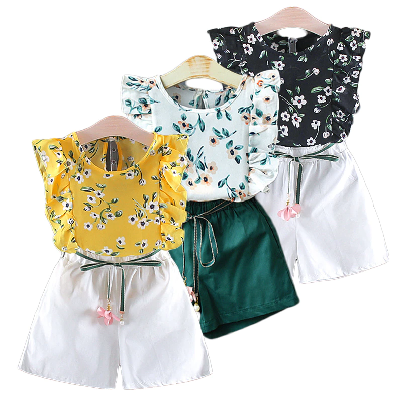 Short Sleeve Shirt Short Skirt 2 Piece Suits Cartoon Girl Bow Cotton sets