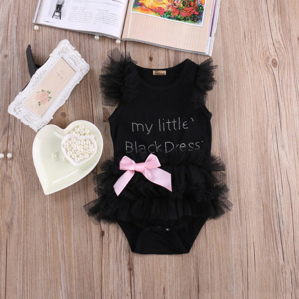 Pudcoco US Stock Hot Newborn Baby Girls Bodysuits Fashion Embroidered Lace My Little Black Dress Letter infant Baby Bodysuit