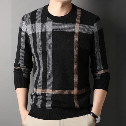Men's Classic Plaid Wool Knit Sweater - Long Sleeve Pullover