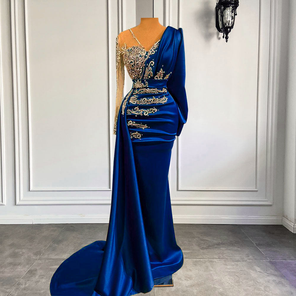 Exotic Elegant Mermaid Royal Blue Satin Formal Party Dress - Azahshopping