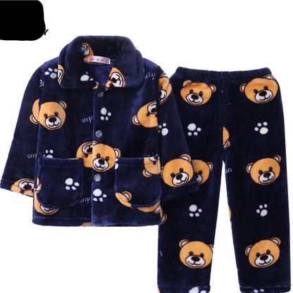 Winter Thicken Warm Home Wear Cartoon Lapel Long Sleeve Pajama Sets