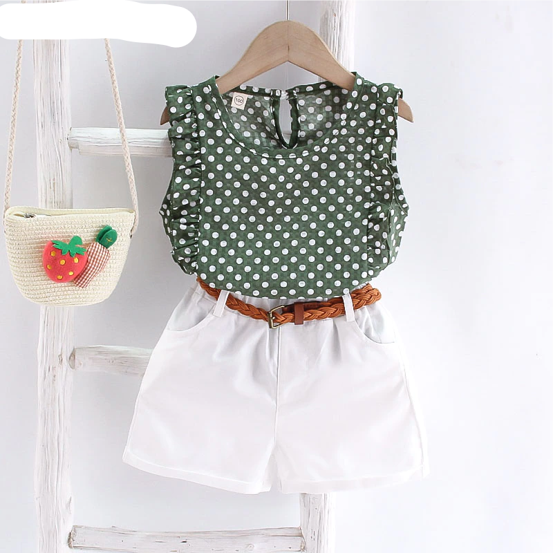 Short Sleeve Shirt Short Skirt 2 Piece Suits Cartoon Girl Bow Cotton sets