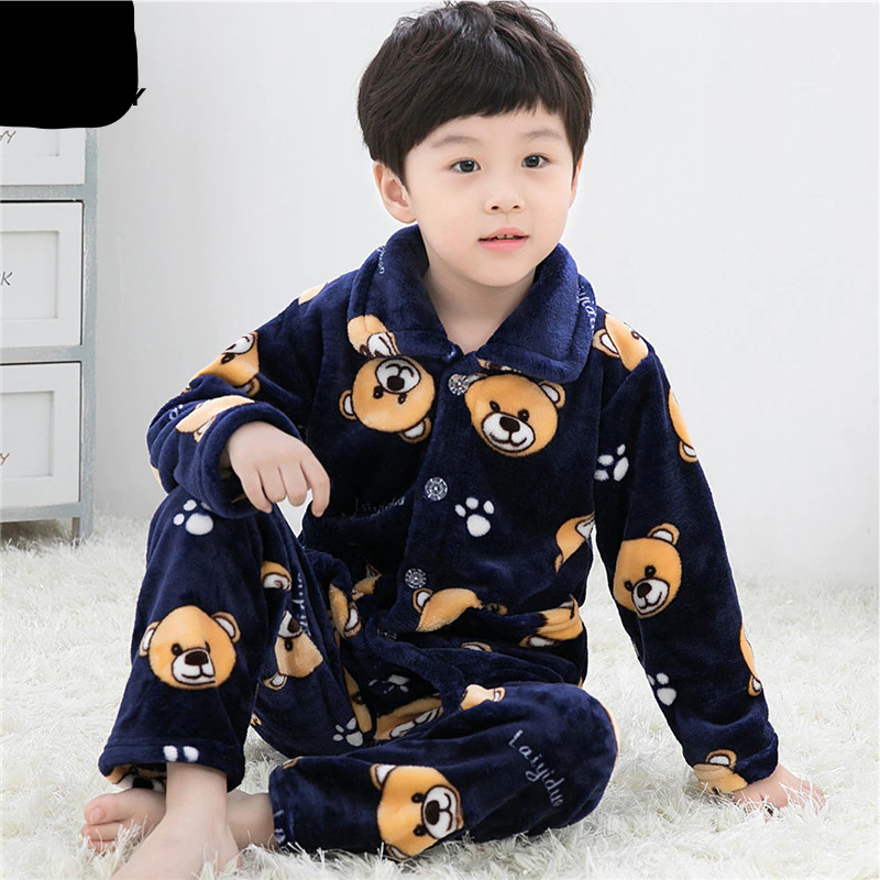 Winter Thicken Warm Home Wear Cartoon Lapel Long Sleeve Pajama Sets