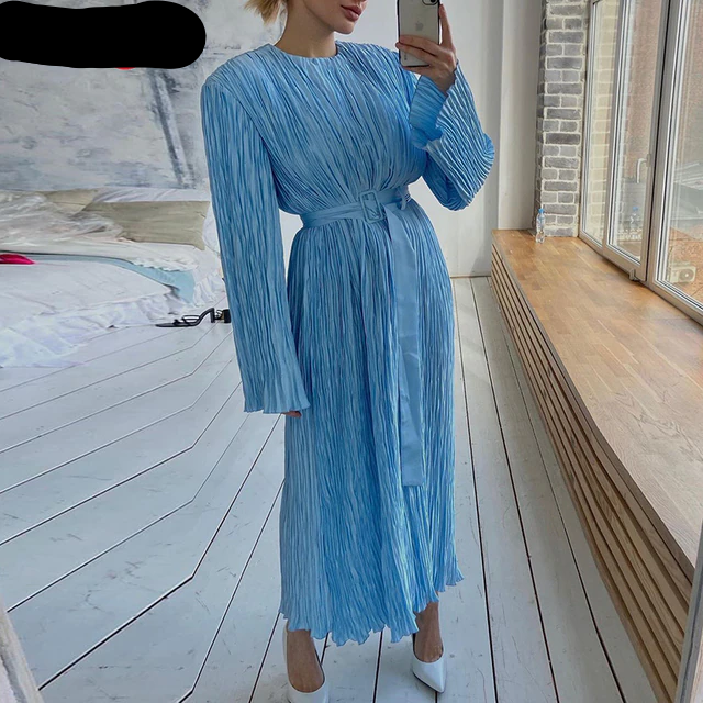 Long Sleeve Casual Loose Blue Midi Dress