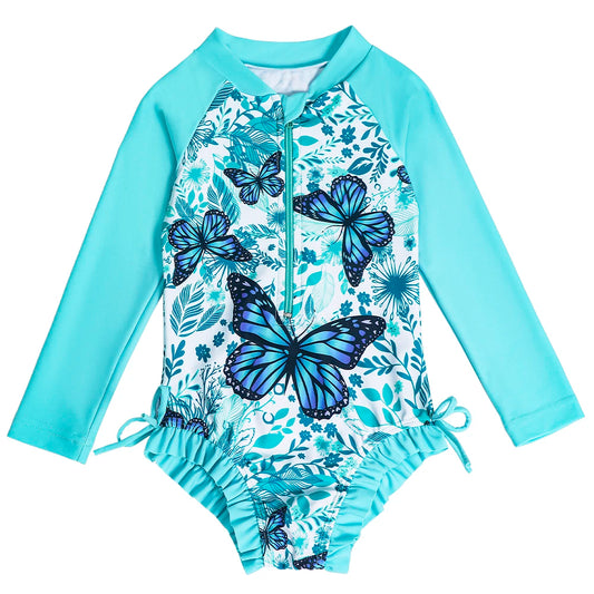 Girls Long Sleeve Butterfly Design Swimsuit