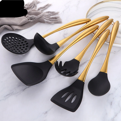 Gold Cooking Tool Set Silicone Head Kitchenware Stainless Steel Handle