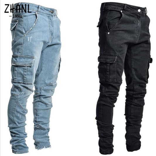 Jeans Trousers Men Multi Pocket | Mens Jeans Cargo Pockets | Cargo Jeans Men Clothing - Jeans