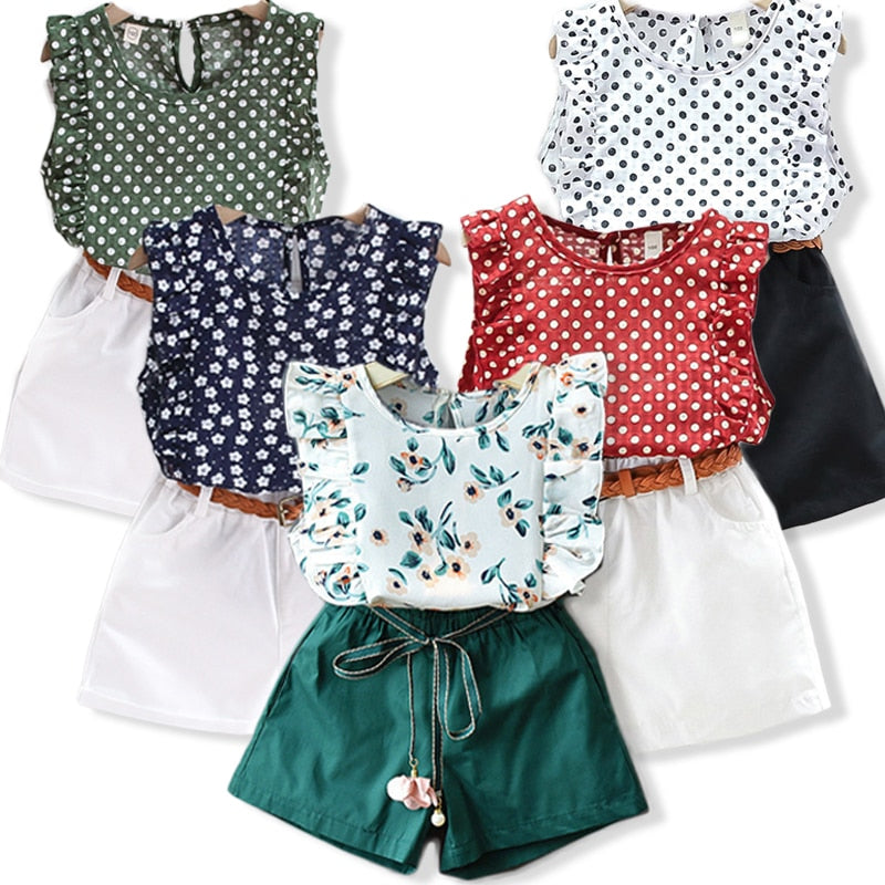 Short Sleeve Shirt Short Skirt 2 Piece Suits Cartoon Girl Bow Cotton sets