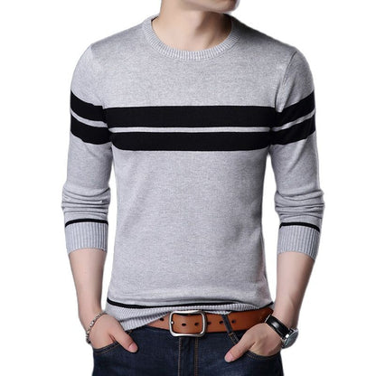 Knitted Sweater Round Neck Long Sleeve Pullover Stripe Patchwork