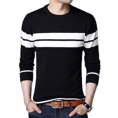 Knitted Sweater Round Neck Long Sleeve Pullover Stripe Patchwork