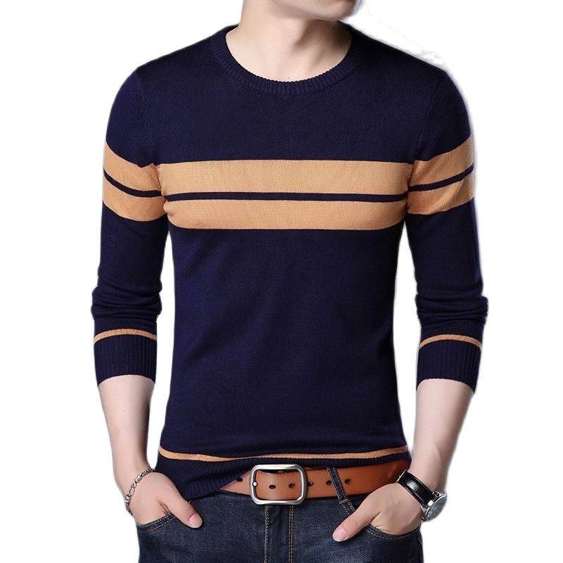 Knitted Sweater Round Neck Long Sleeve Pullover Stripe Patchwork