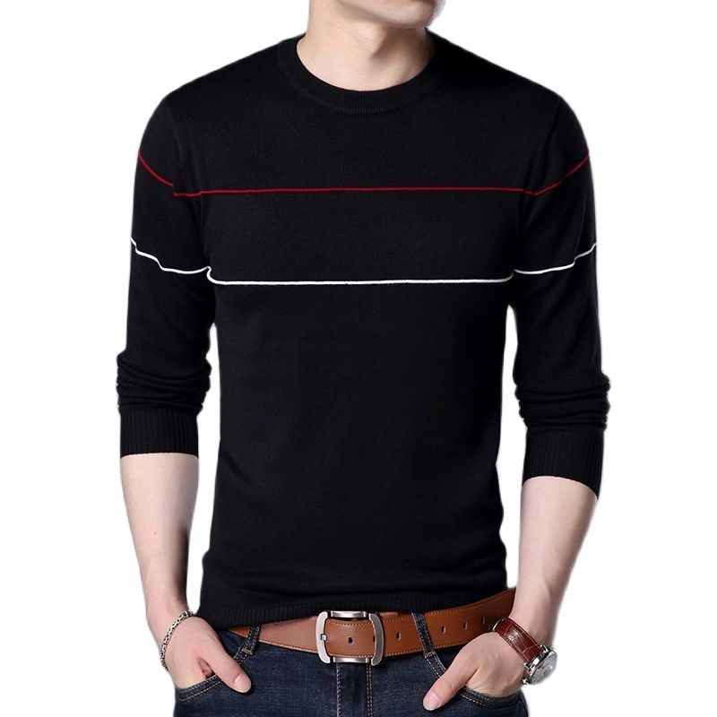 Knitted Sweater Round Neck Long Sleeve Pullover Stripe Patchwork