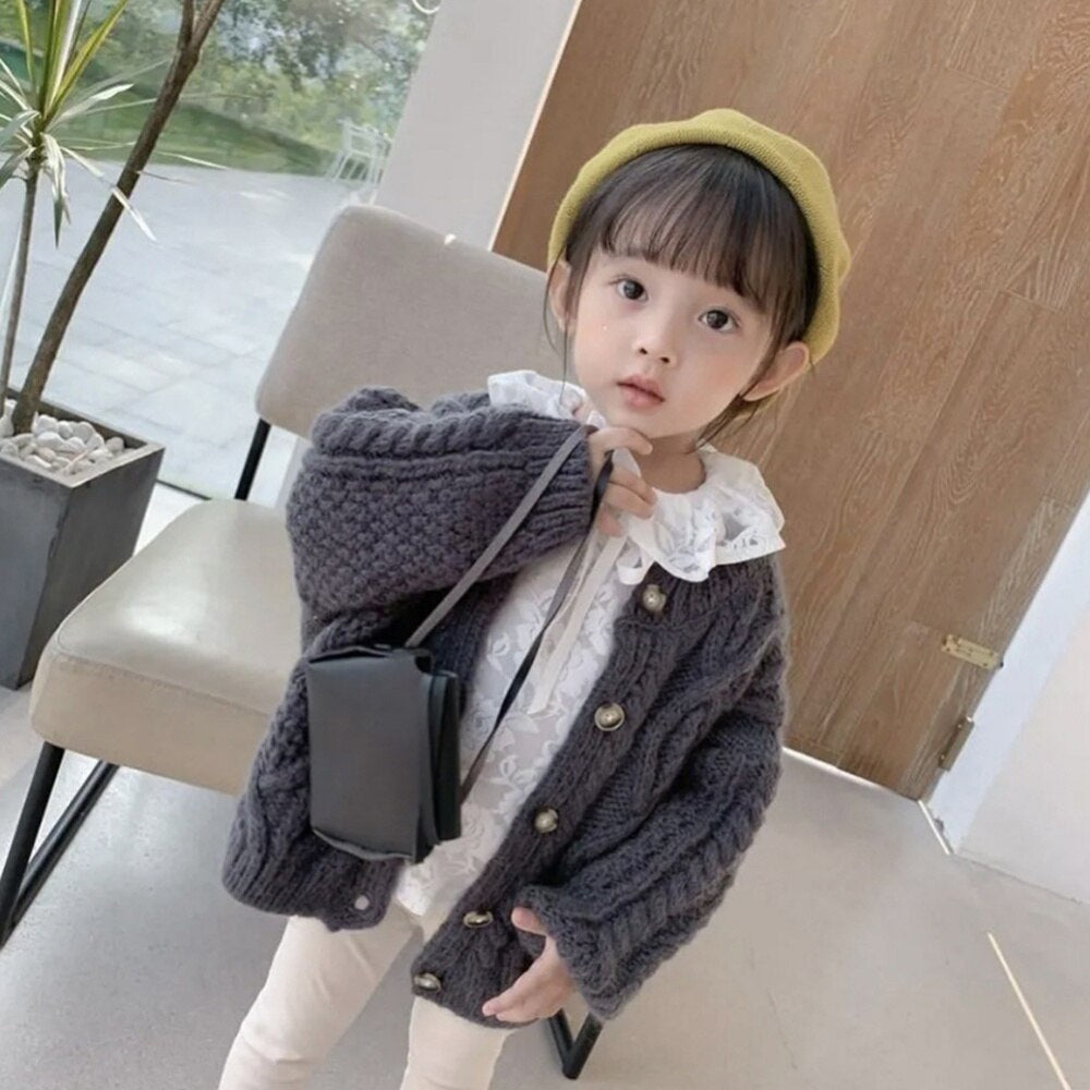 Retro Knitted Sweater Toddler Girls Thickened Cardigan