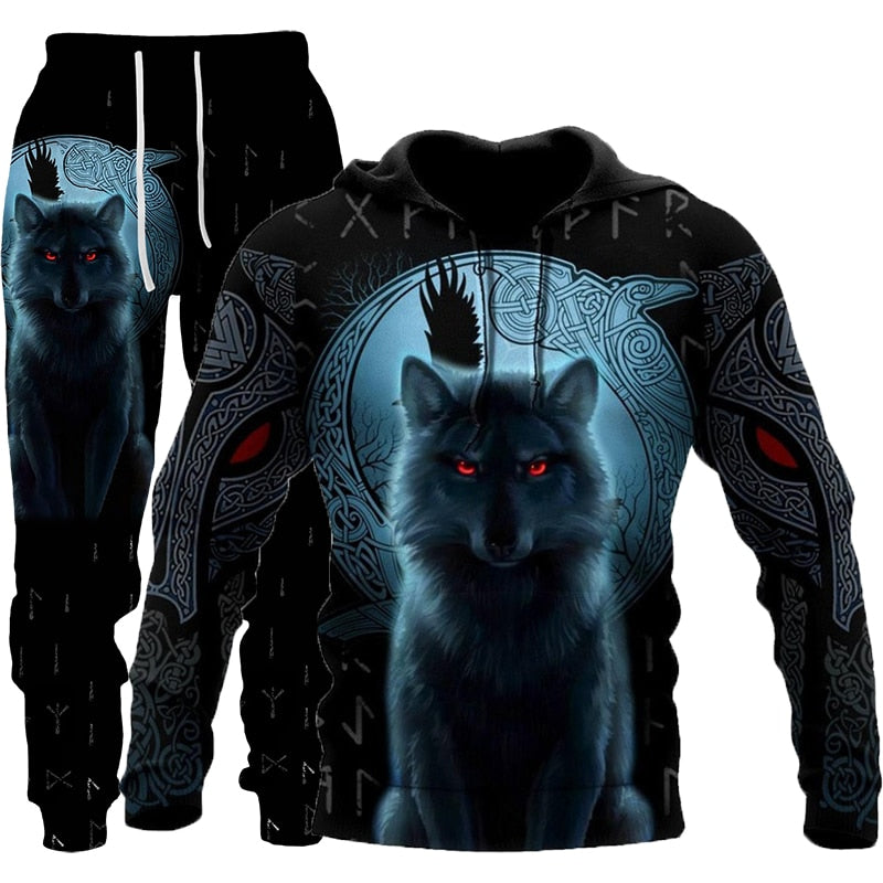 Winter 3d Printed Wolf Men Hooded Sweater Pants Tracksuits 2 Piece Set