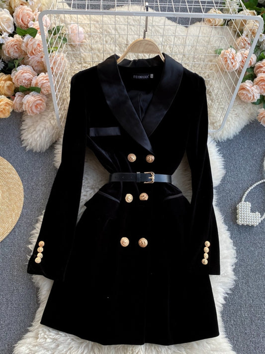 Winter Double Breasted Long Sleeve Black Blazer Dress with Belt for Women