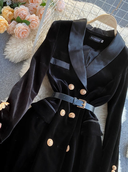 Winter Double Breasted Long Sleeve Black Blazer Dress with Belt for Women