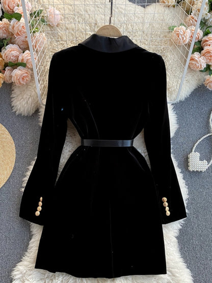 Winter Double Breasted Long Sleeve Black Blazer Dress with Belt for Women