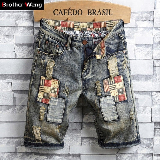 Retro Style Ripped Denim Shorts for Men
