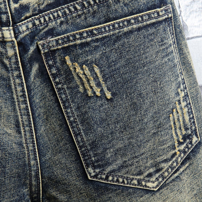 Retro Style Ripped Denim Shorts for Men