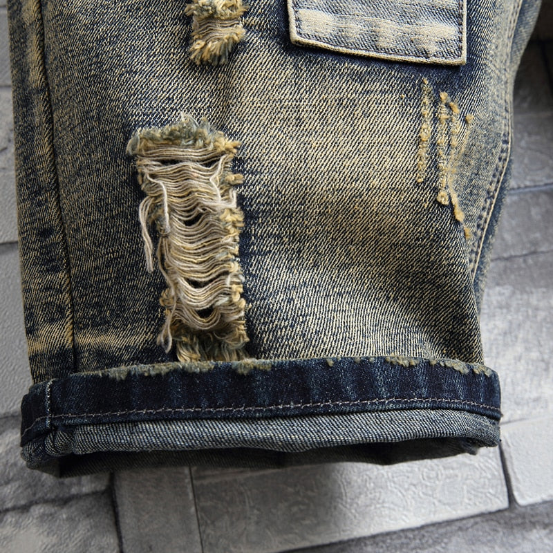 Retro Style Ripped Denim Shorts for Men