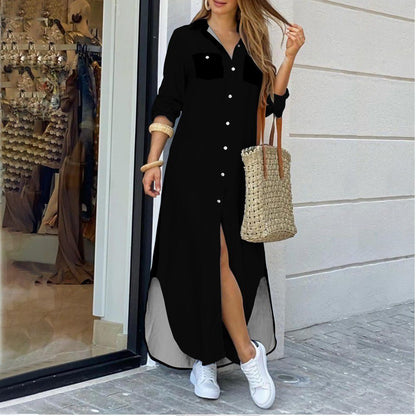 Long Sleeve Maxi Dresses Laides Turn-down Collar Shirt Dress