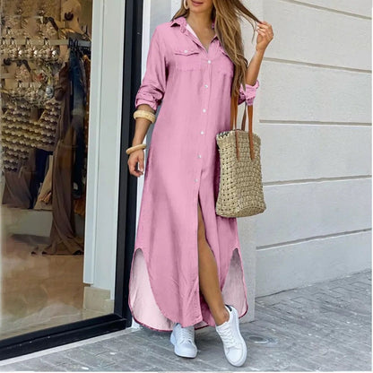 Long Sleeve Maxi Dresses Laides Turn-down Collar Shirt Dress