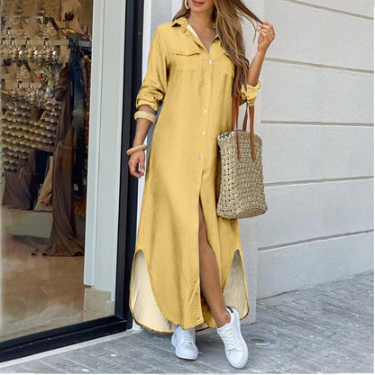 Long Sleeve Maxi Dresses Laides Turn-down Collar Shirt Dress