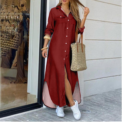 Long Sleeve Maxi Dresses Laides Turn-down Collar Shirt Dress