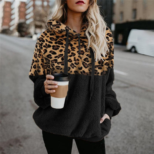 Loose Plush Leopard Patchwork Hoodies for Women with Zipper Tops