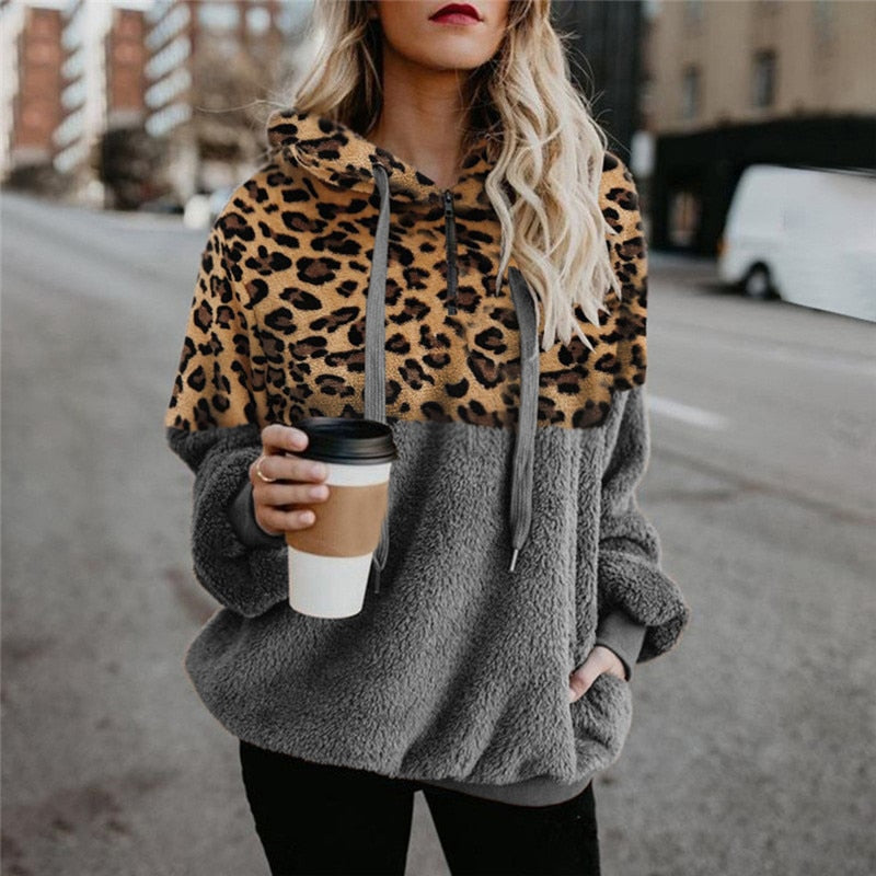 Loose Plush Leopard Patchwork Hoodies for Women with Zipper Tops