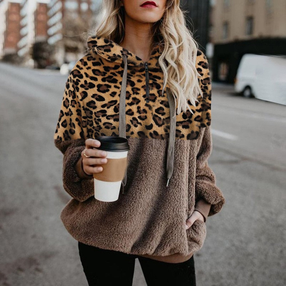 Loose Plush Leopard Patchwork Hoodies for Women with Zipper Tops