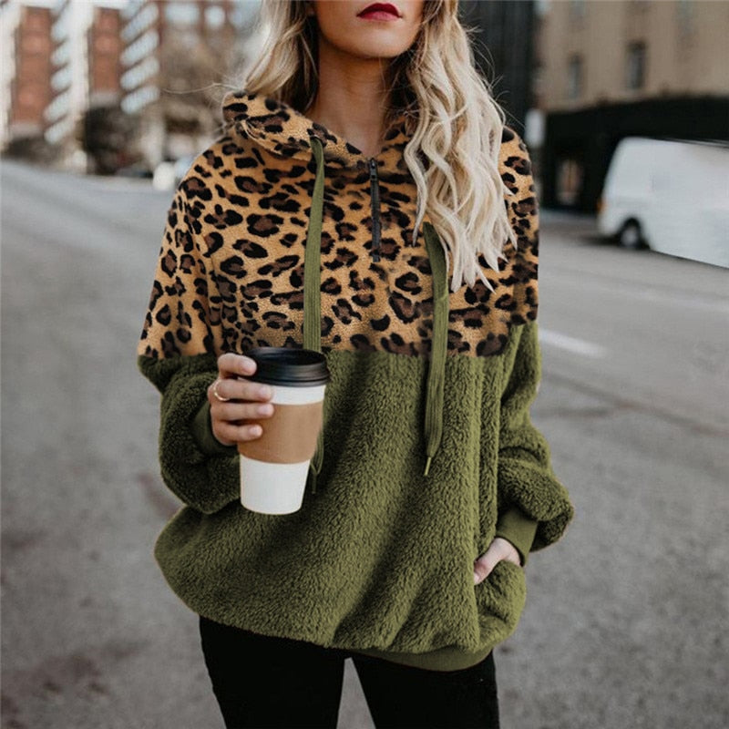 Loose Plush Leopard Patchwork Hoodies for Women with Zipper Tops