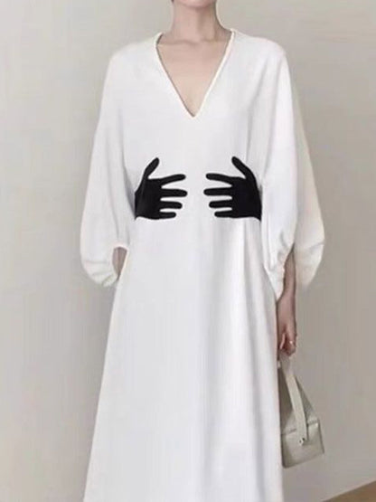 Spring New Fashion High Waist Hand Graphic Print V neck Long Sleeve Dress