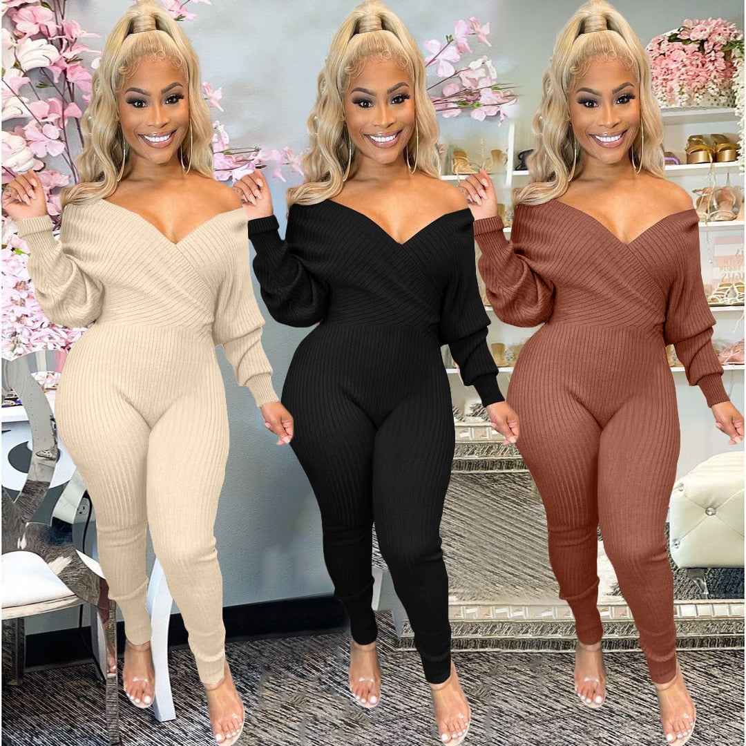 Off Shoulder Ribbed V Neck Bodycon Jumpsuits