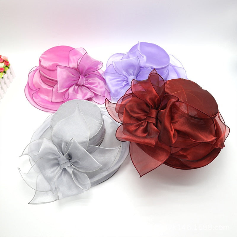 Elegant Bow Lady Hat Summer Organza Wide Brim Sunscreen Kentucky Derby Hats For Women