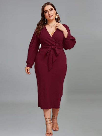 Elegant Long Sleeve Plus Size Deep V Lace Up Midi Bodycon - Plus Size Dress