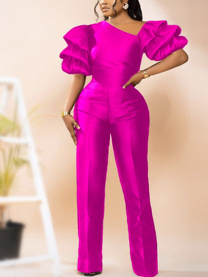 Elegant Women Jumpsuits Stunning Shiny Puff Sleeve Wide Leg