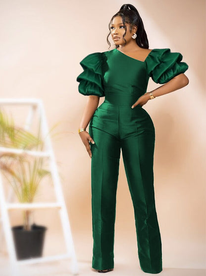 Elegant Women Jumpsuits Stunning Shiny Puff Sleeve Wide Leg