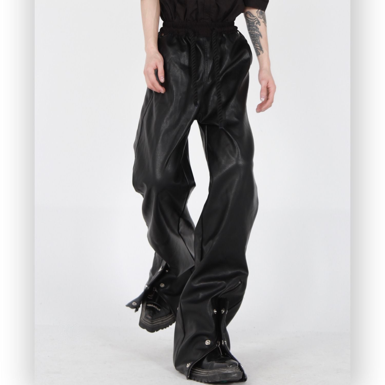 Leather Straight Trousers With Ropes - Leather Pants - Azahshopping