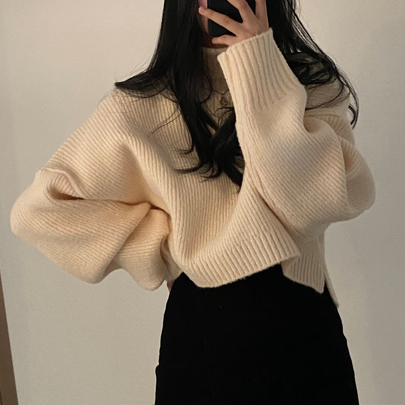 One Size Turtleneck Crop Sweater for Women