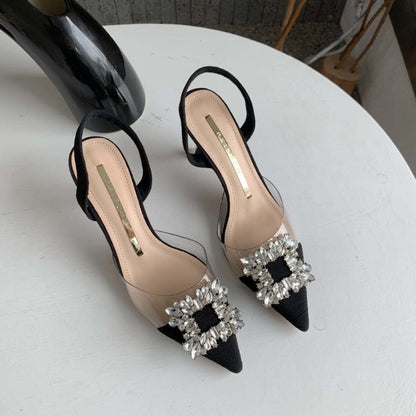 Outdoor Rhinestone Pointed Thick Heel High Heel Sandals