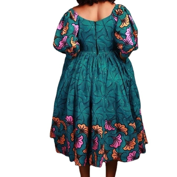 Print African High Waist V-neck Dress For Women - Azahshopping