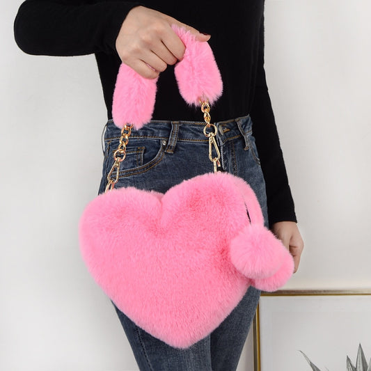 Handbags Cute Plush Ladies Heart Shaped Shoulder Bag