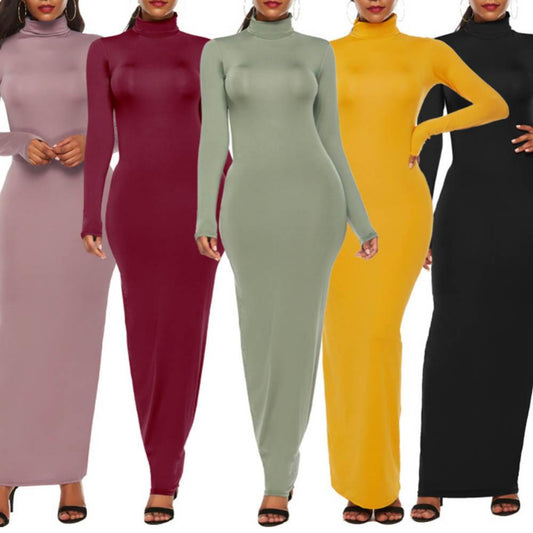 Long Sleeve Turtle Neck Stretchy Bodycon Long Dress - Azahshopping