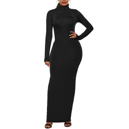 Long Sleeve Turtle Neck Stretchy Bodycon Long Dress - Azahshopping